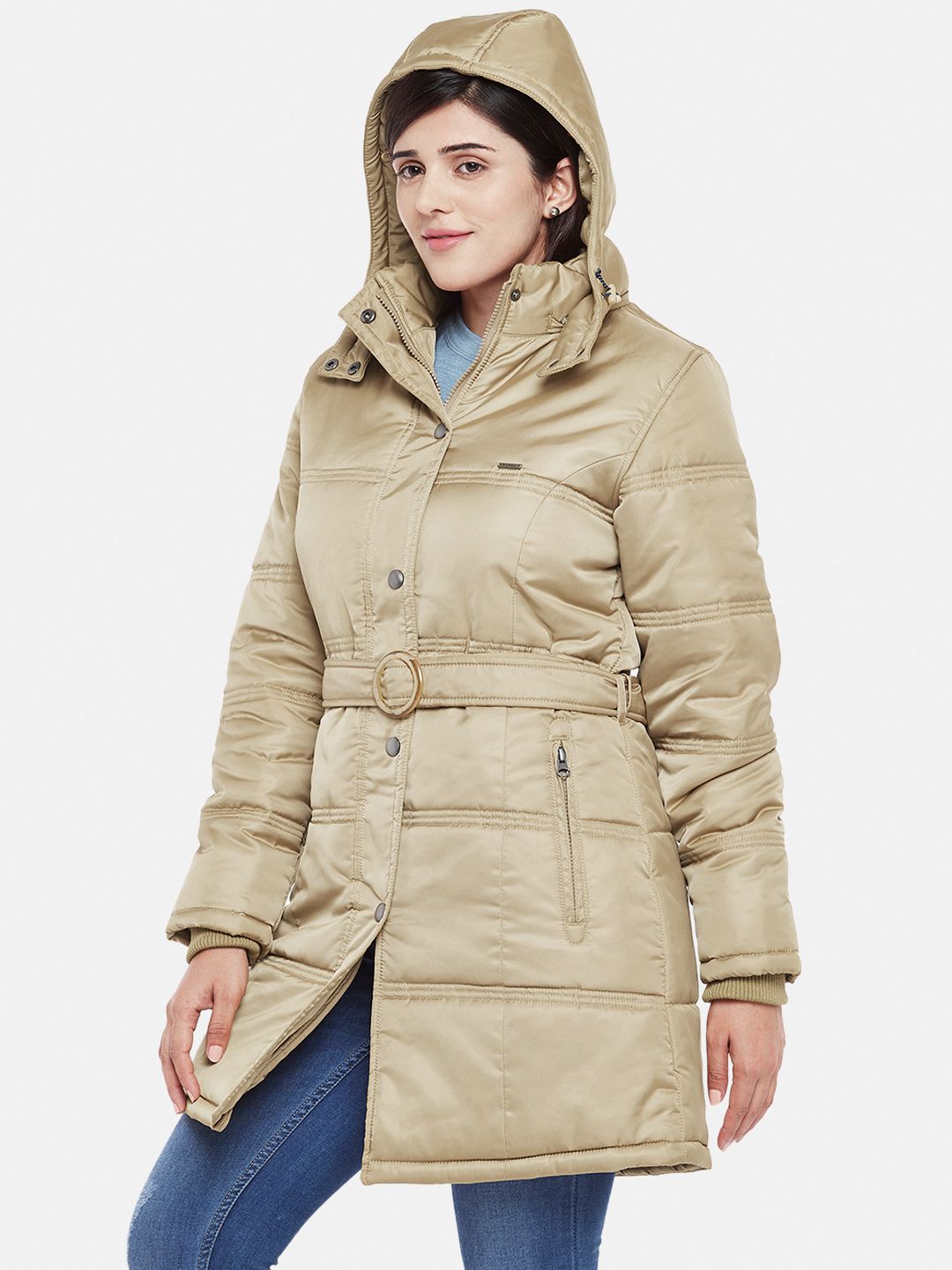 Beige Fleece Lined Hooded Parka Jacket | Women